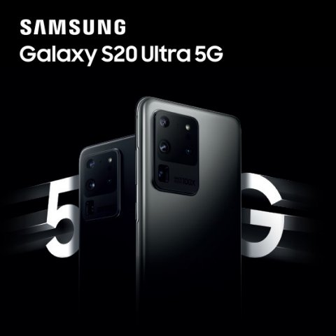 Two Samsung Galaxy S20 Ultra 5G phones against a black background with 5G in the background 