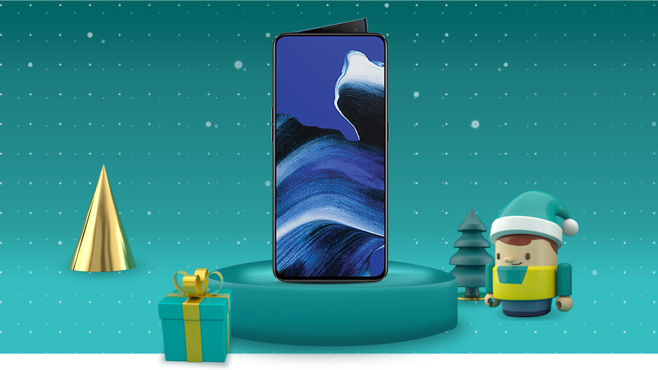 Oppo Reno 2 on xmas themed green background with little man character