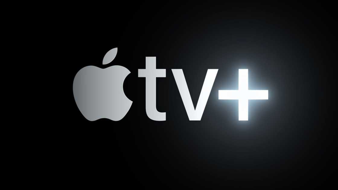 White Apple TV Plus logo on a black background