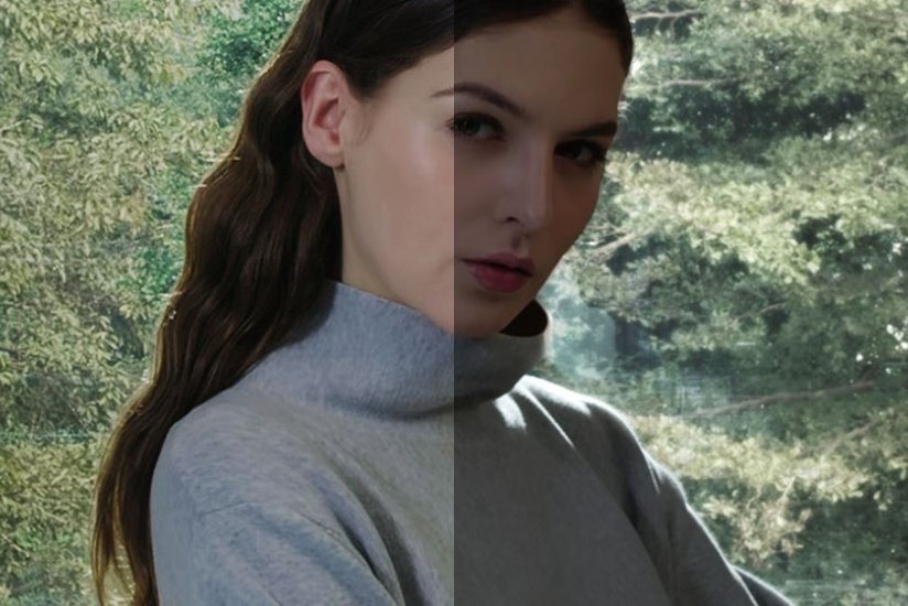 A portrait of a woman with dark hair wearing a grey rollneck jumper, against a background of trees. The right half of the image has a shadow across it.
