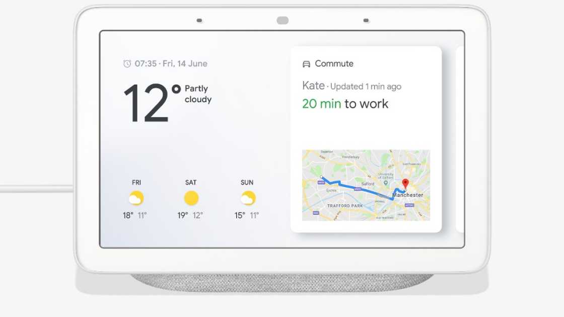 Google Home Hub displaying the weather forecast and temperatures