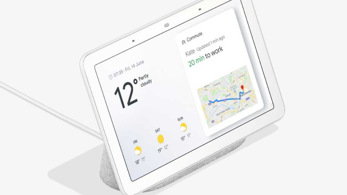 Google Home Hub displaying a route to work using a map and estimated time it will take