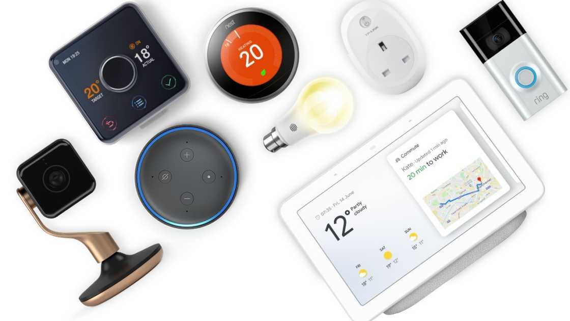 A selection of smart home products on a white background