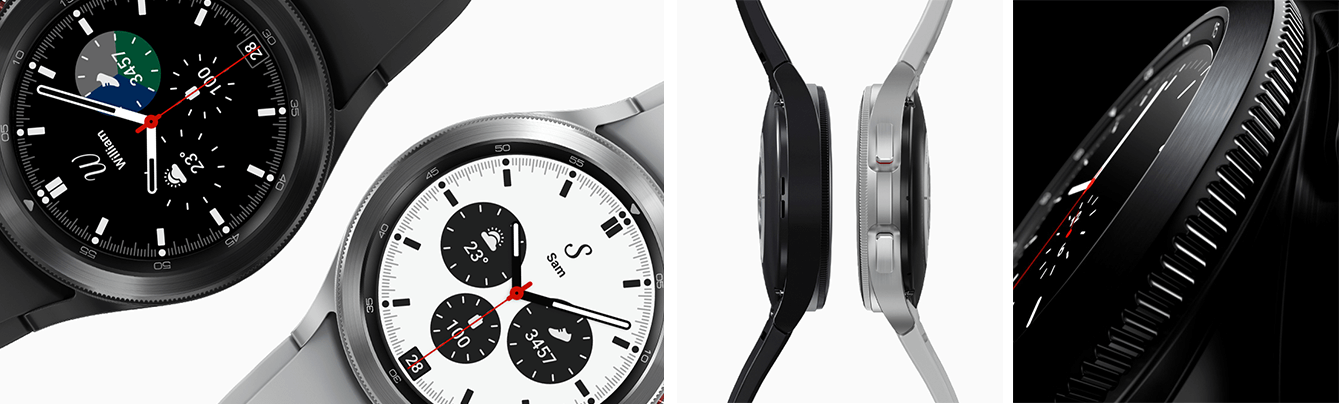 Side and front views of Samsung Galaxy Watch4 Classic in black and silver