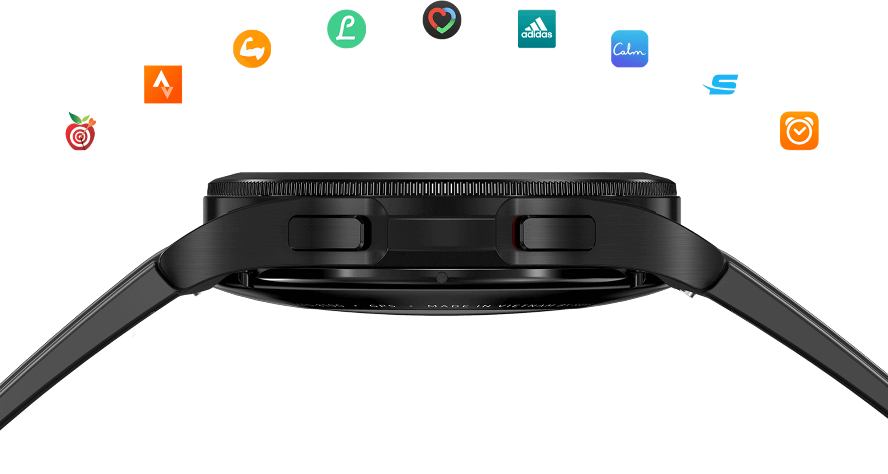 Side view of Samsung Galaxy Watch4 Classic in black with Samsung partner logos above it