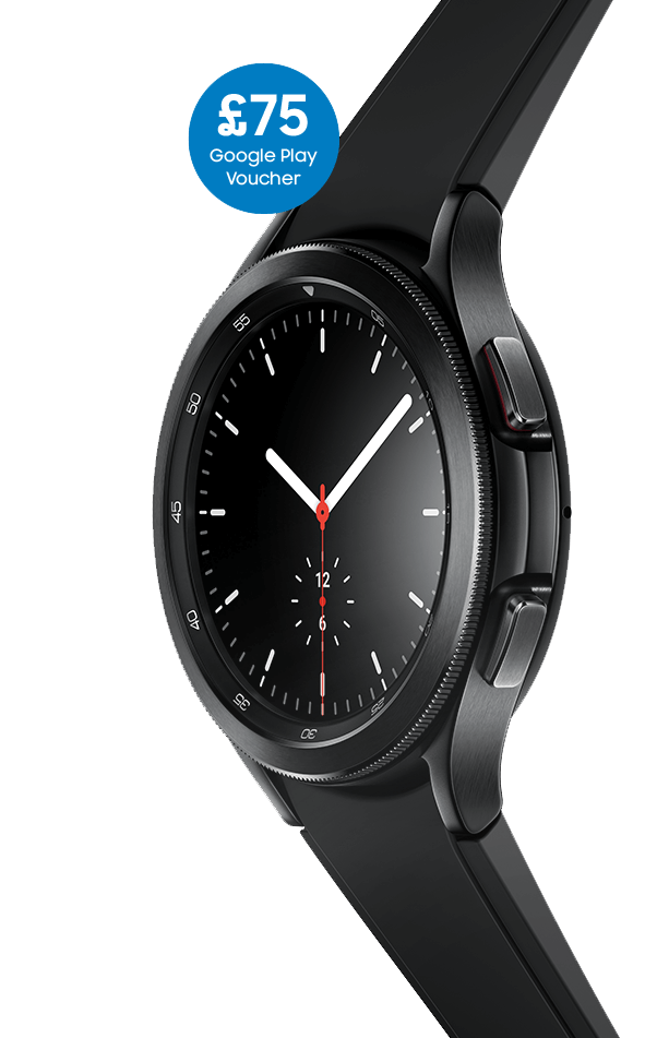 Side view of Samsung Galaxy Watch4 Classic in black with Google Play icon to the left of it