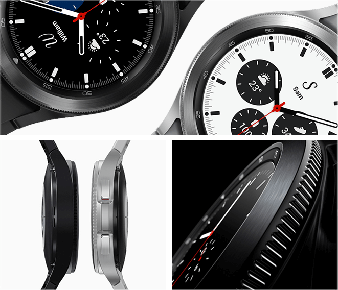 Side and front views of Samsung Galaxy Watch4 Classic in black and silver