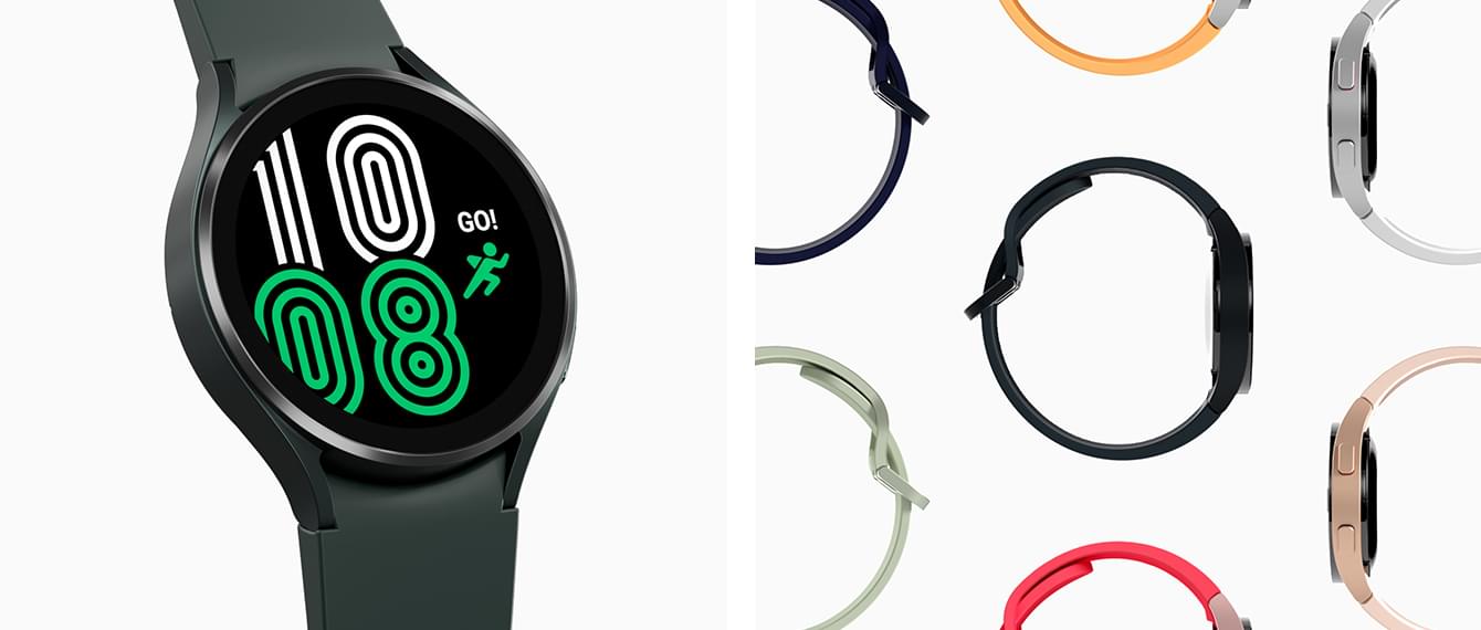 Samsung Galaxy Watch4 black version next to straps of other colours