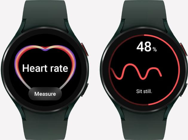 Black Samsung Galaxy Watch4 with heartbeat sensor on screen
