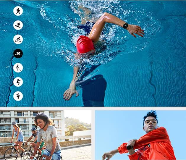 Person swimming, person cycling and a person stretching while wearing Samsung Galaxy Watch4