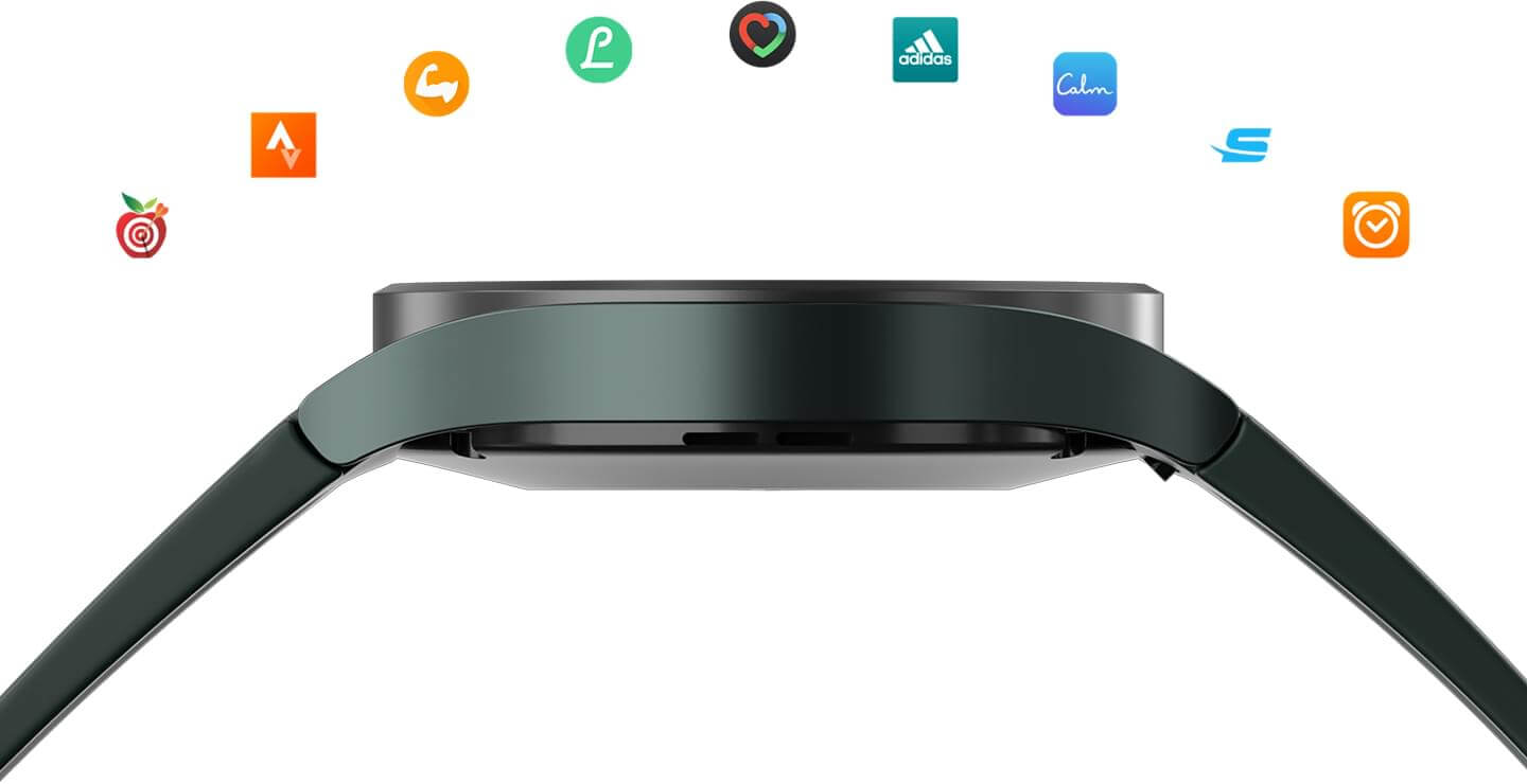 Side view of black Samsung Galaxy Watch4 with icons of partners above it