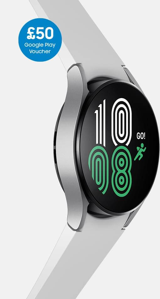 Side view of silver Samsung Galaxy Watch4 with Google Play offer icon above it