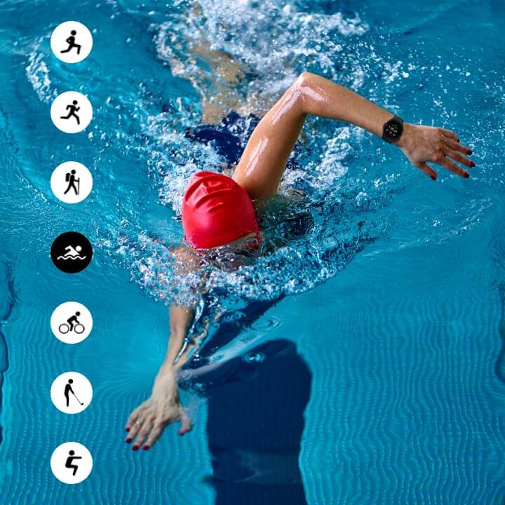 Person swimming with different health icons to the left