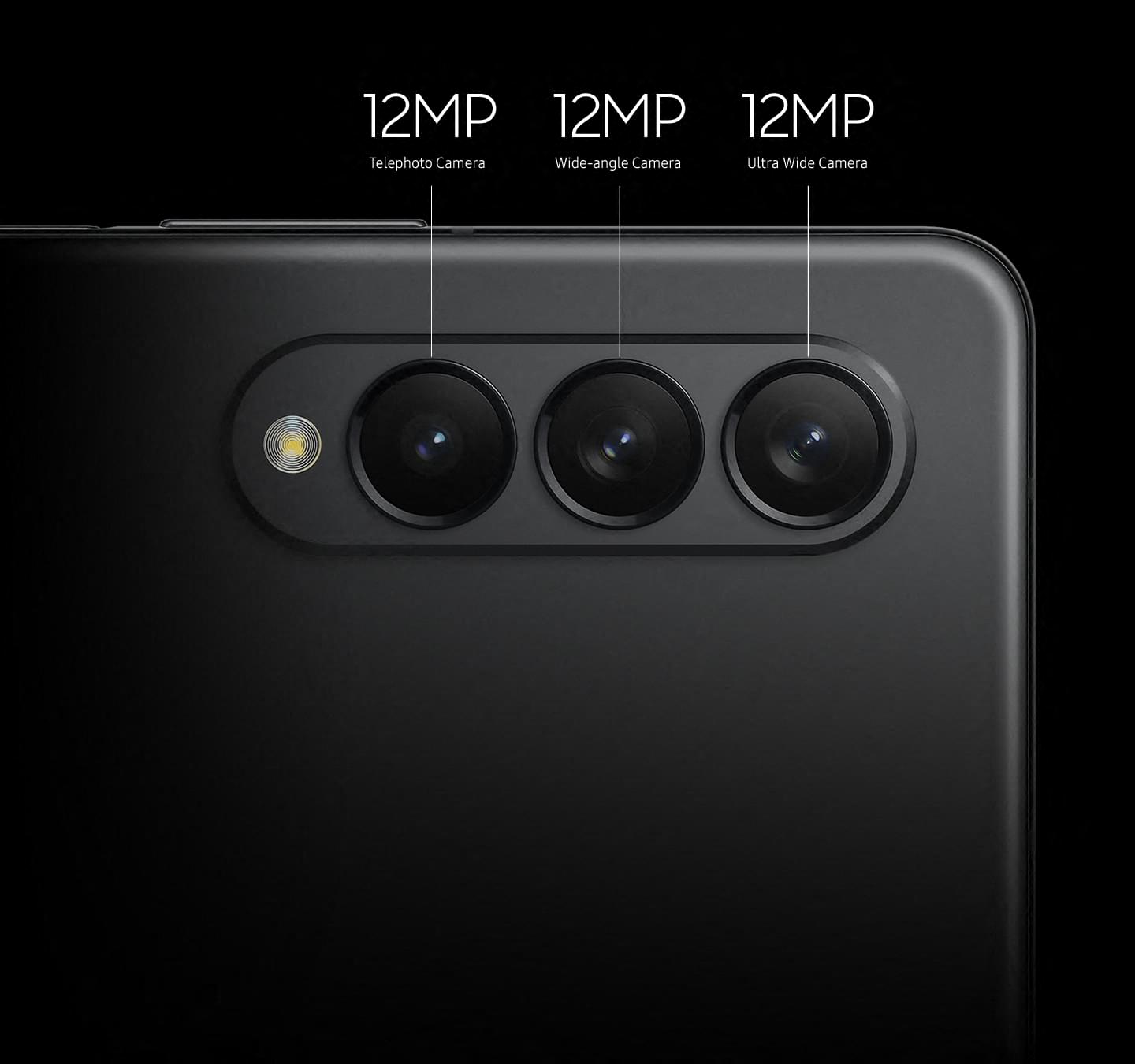 The Galaxy Z Fold3 Telephoto camera, Wide-angle camera and Ultra-wide camera